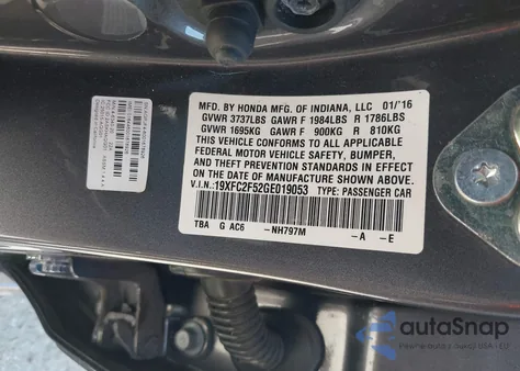 2016 Honda Civic Lx from USA, damaged, VIN 19XFC2F52GE019053